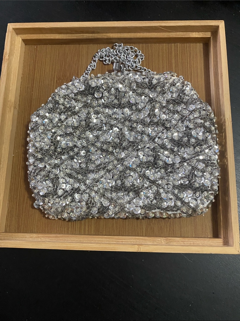 Vintage 1960s Hand Beaded Silver Sequin Evening Clutch Bag Handcrafted Hong Kong